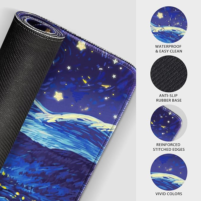 Starry Night Cat Large Gaming Mouse Pad Desk Mat 31.5"x15.7" | Extended Mousepad, Non-Slip Rubber Base , Stitched Edges, for Computer/Laptop/Office/Home - Image 5