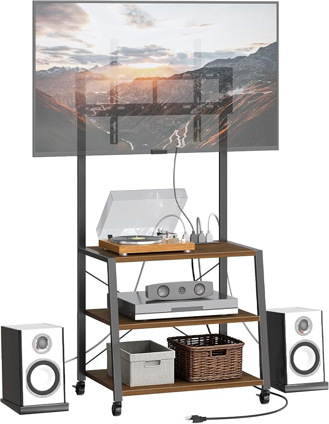 HOOBRO Rolling TV Stand with Mount and Power Outlet Up to 55 inch TV, Corner Entertainment Center, Small TV Stand with 3-Tier Storage Shelves for Living Room, Bedroom, Black and Walnut BH66UDS01 - Image 8
