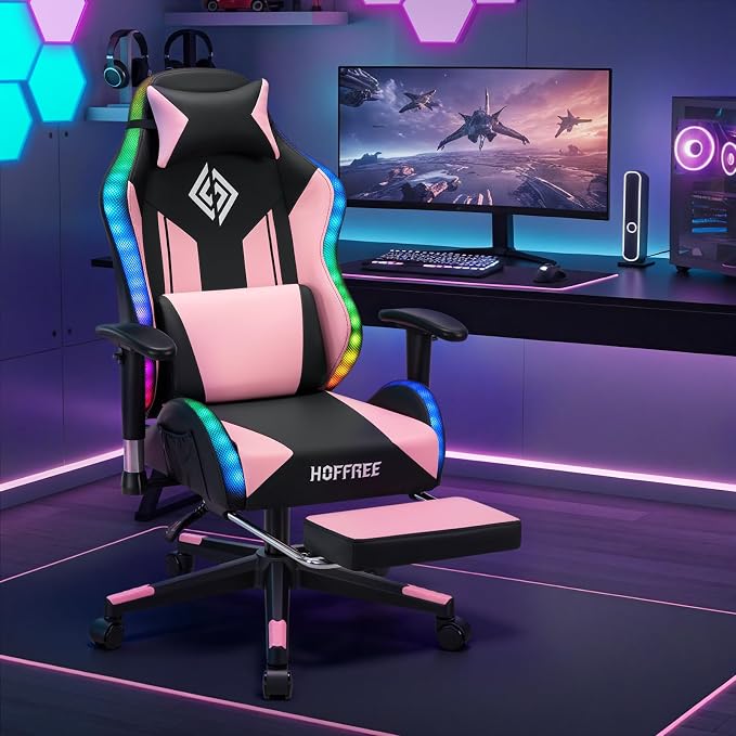 HOFFREE RGB Gaming Chair for Kids LED Computer Chair 155°Recliner-Pink | PC Game Chair with Lights Gamer Chair for Boys Teens 8-15 Video Game Chairs with Footrest and Lumbar Support Racing Style - Image 2