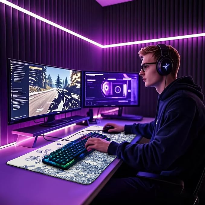 Large Gaming Mouse Pad Desk Mat 31.5"x15.7" Non Slip Blue Floral | Extended Mousepad, Non-Slip Rubber Base , Stitched Edges, for Computer/Laptop/Office/Home - Image 10