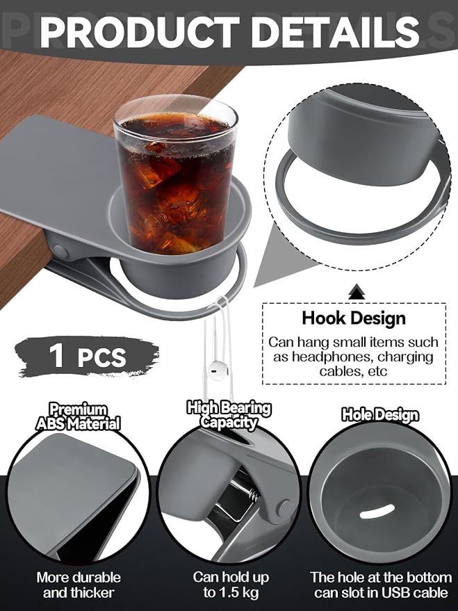 1PCS Clip on Cup Holder for Chair, Kalolary Desk Drink Holder Clamp, Gray - Image 3