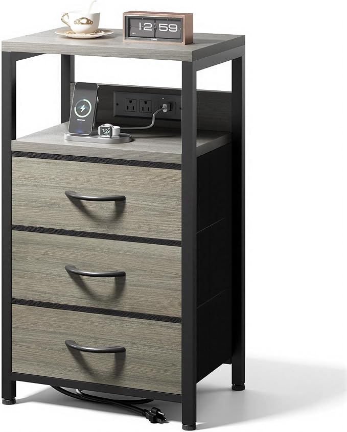 Lazzanto Night Stand with Charger Station, 3 Fabric Drawers, Grey by Lazzanto