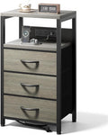 Lazzanto Night Stand with Charger Station, 3 Fabric Drawers, Grey by Lazzanto