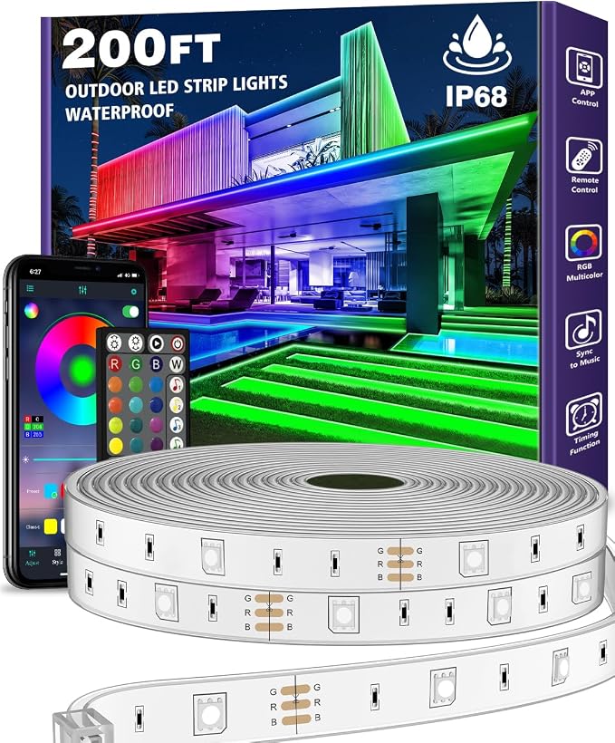 AILBTON 200ft Outdoor LED Strip Lights Waterproof with self-Adhesive Back,IP68 Outside Strips Bluetooth App Remote,Music Sync RGB Exterior Rope Lights,for Balcony,Deck,Roof,Pool by AILBTON
