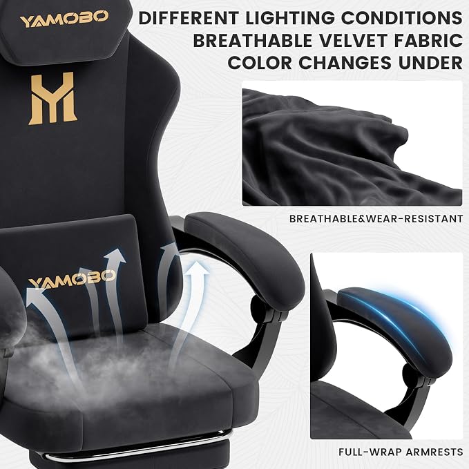 Gaming Chair with Footrest, Game Chair with Lumbar and Headrest Massage Support for Adults, Ergonomic Fabric High Back Computer Desk Gamer Chair with 360°Swivel Wheels for Office, Black - Image 5