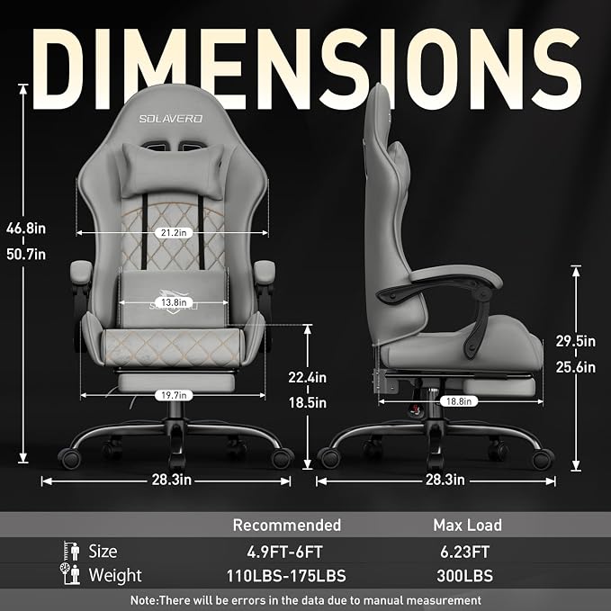 HLDIRECT Massage Recliner Gaming Chair with Footrest for Adults, Light Grey | 300lbs Capacity, Ergonomic Office Computer Chair, Lumbar Support, Breathable Fabric, Headrest, 360° Swivel, Metal Frame - Image 3