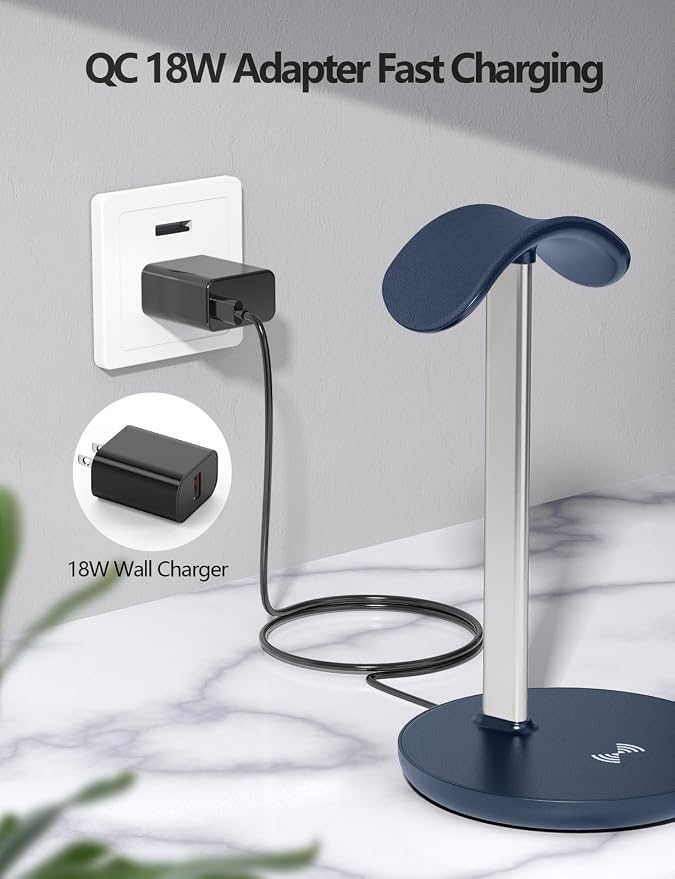 Miroddi Headphone Stand with Wireless Charger, Independent USB Charging Port, 5 in 1 Charging Station Headset Holder Rack for iWatch, iPhone, Samsung and Desk All Headphones, Dark Blue - Image 7