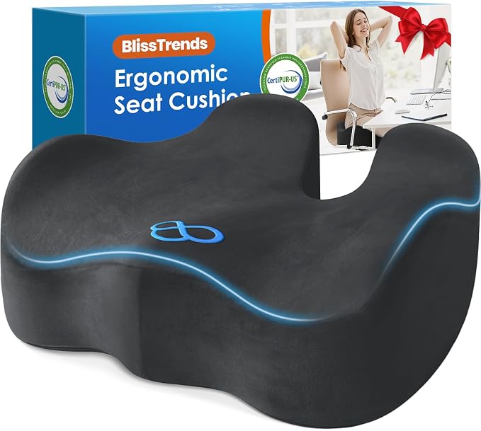 BlissTrends Extra Thick Seat Cushion for Office Chair & Car Seat, Grey | XX-Large Tailbone & Sciatica Relief, Ergonomic Support, High-Density Memory Foam, Comfort for Extended Sitting by BlissTrends