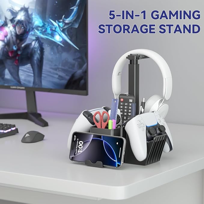 KDD Dual Controller Holder with Headphone Stand - Multi-Functional Desk Storage Box with Phone Holder - Universal Controller Stand with Desktop Organizer for Remote Control Pen Accessories(Black) - Image 7