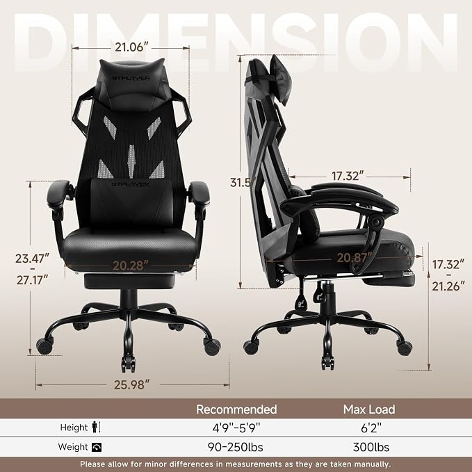 GTPLAYER Computer Chair with Adjustable Footrest, Ergonomic Gaming Chair with Headrest and Lumbar Support, Breathable Mesh Office Chair for Adults, High Back Reclining Desk Chair for Gaming and Office - Image 2