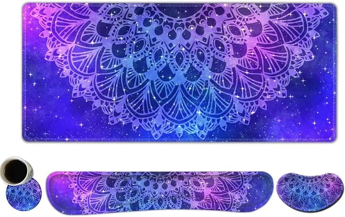 AIMSA Keyboard Mouse Pad Set, Large Gaming Mouse Pad +Wrist Rest Mouse Pad +Keyboard Wrist Support +Coaster, 35x15.7 inch Extended Desk Mat for Easy Typing Pain Relief (Blue Purple Mandala) by AIMSA