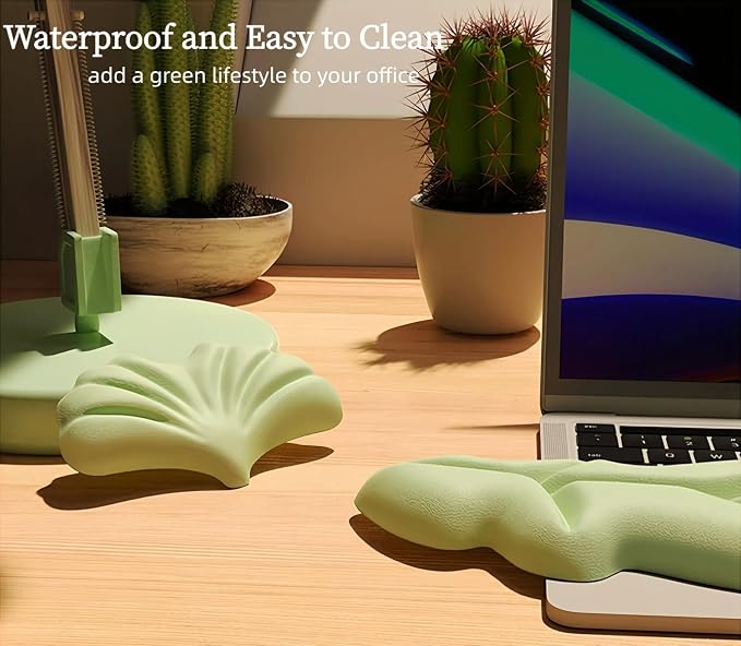 inbesk Angel Wing Wrist Rest Ergonomic Memory Foam Wrist Rest for Computer Keyboard Mouse Set, Cute Gaming Keyboard Cushion Hand Support PU Leather Surface Anti-Slip Waterproof Green-Leaf - Image 4