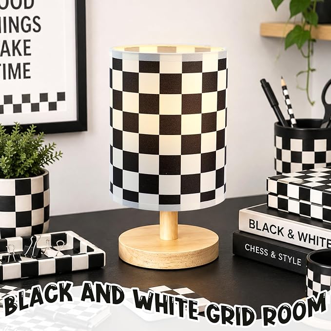 Checkered Bedside Lamp for Boys' Bedroom Kids, Bedside Lamp with Linen Wooden Nightstand, Checkered Lampshade Nursery Decor - Image 5