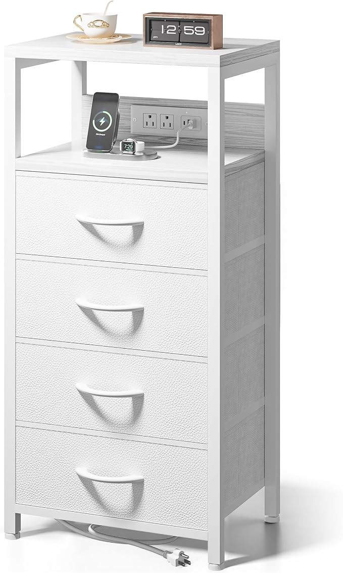 Lazzanto Night Stand with Charger Station, 4 Fabric Drawers, White by Lazzanto