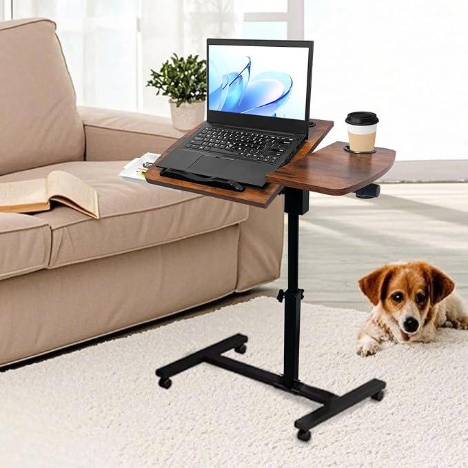 Overbed Table with Wheels Adjustable Height, Tiltable Desktop with Tray, Over Bed Table Rolling Bedside Tables, Medical Mobile Standing Desk, for Hospital Office Bedroom Sofa, Brown - Image 2