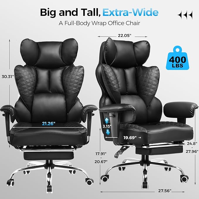 COMHOMA Big and Tall Office Chair Heavy Duty Wide Ergonomic Gaming Chair with Deluxe Embossing Designed Leather with Foot Rest,150°Reclining Adjustable Armrests Pocket Spring Back Support and Pillow - Image 2