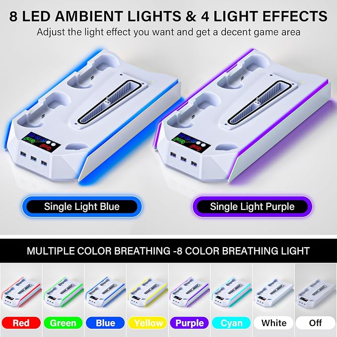 Slim Cooling Station Stand LED with Dual Controller Charging Station for PlayStation 5 Console, PS 5 Accessories Incl. Controller Charger, Cooling Fan, Headset Holder, 3 USB Hub- LED White - Image 8
