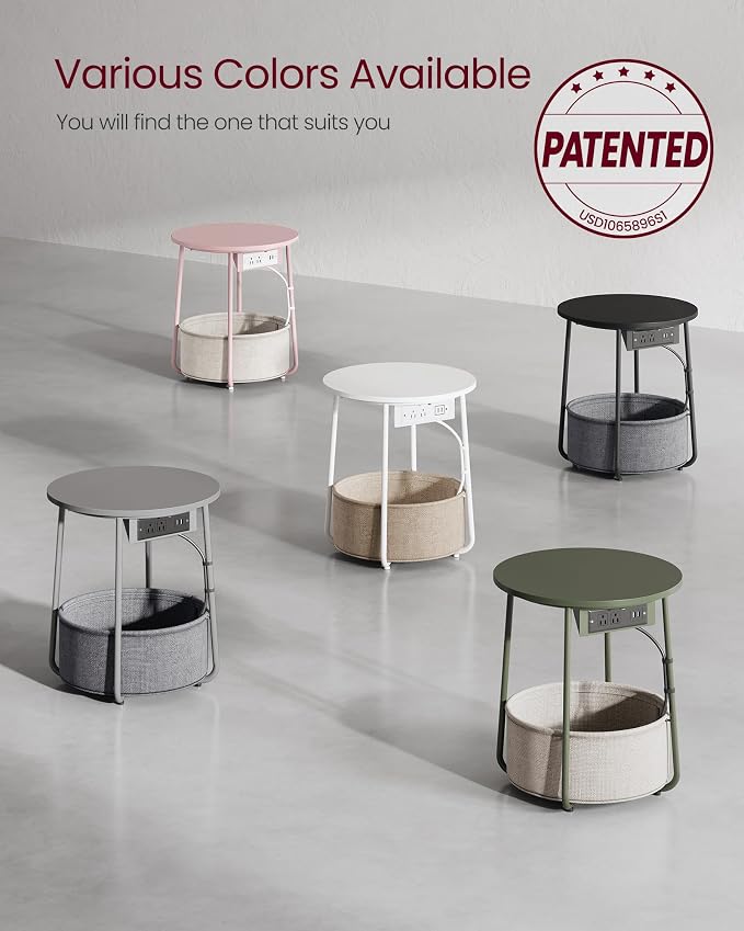 VASAGLE Side Table with Charging Station,Fabric Basket, Round End Table - Image 9