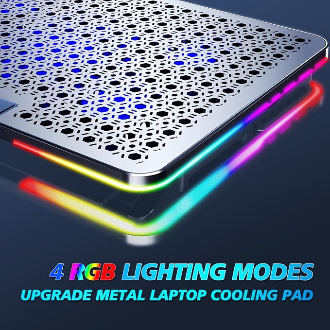 LIANGSTAR Laptop Cooling Pad, Laptop Cooler Gaming 5 Quiet Fans with Large Metal Plate for 12-17.3 Inch Fan Stable Stand, 4 Modes RGB Light, 7 Height & Adjust Speed, 2 USB Port & Phone Holder - Image 4