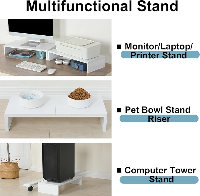 TEAMIX 2 Pack White Monitor Stand Riser 20 inch, Wooden Desktop Stand Shelf | For 2 Monitors, Laptop, Printer, TV, PC Tower, Full Keyboard Storage Underneath, Desk Organizer for Home Office Gaming Vanity - Image 5