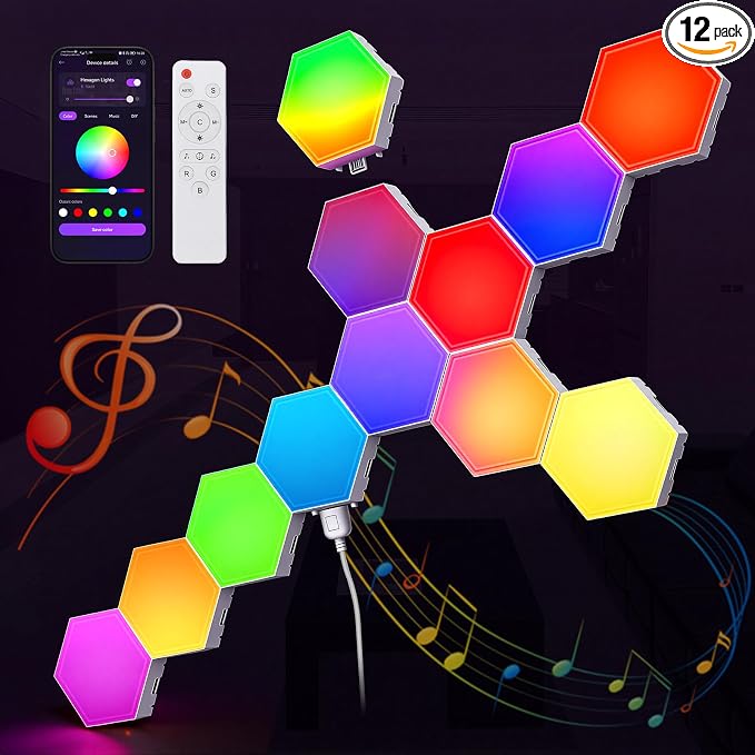 TISOFU 12 Pack Hexagon Lights LED Wall Panels, RGB Gaming Light with APP/Music Sync & Remote, DIY Smart Modular Hexagonal Honeycomb Glide Hex Tiles Panel for Bedroom Party Decor Gifts by TiSOFU