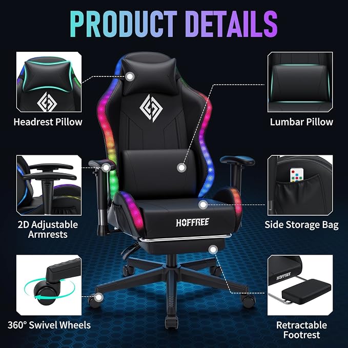 HOFFREE RGB Gaming Chair for Kids LED Computer Chair 155°Recliner-Black | PC Game Chair with Lights Gamer Chair for Boys Teens 8-15 Video Game Chairs with Footrest and Lumbar Support Racing Style - Image 9