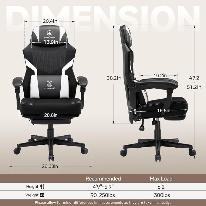 GTPLAYER Computer Chair with Adjustable Footrest, Ergonomic Gaming Chair with Headrest and Lumbar Support, Breathable Mesh Office Chair for Adults, High Back Reclining Desk Chair for Gaming and Office - Image 2