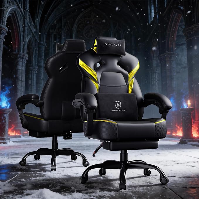 GTPLAYER Big and Tall Gaming Chair for Adults, Ergonomic Office Chair with Footrest, Heavy Duty 350 lbs Capacity, High Back, Premium Leather & Iridescent Trim, ACE-Armor, Black & Yellow by GTPLAYER