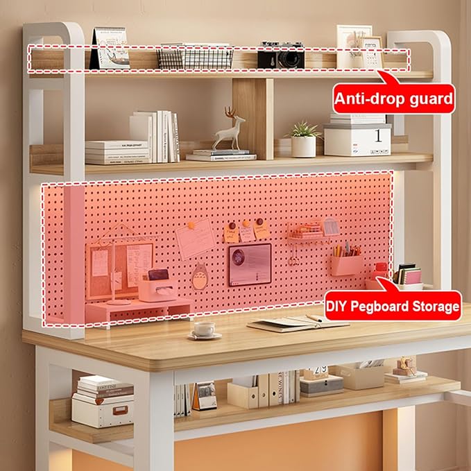 Writing Work Computer Desk with Pegboard,Gaming Desk with Bookshelf Combo,PC Gamer Workstation Desk,Wooden Desktop,for Home Office Work and Gaming(F1,55 L x 19.7" W(140x50cm)) - Image 7