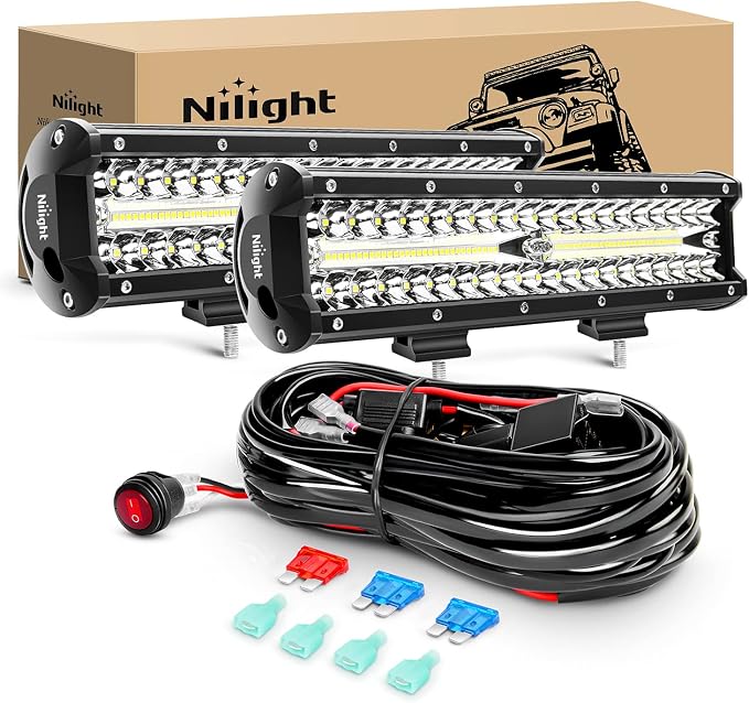 Nilight LED Light Bar 2Pcs 12 Inch 300W Triple Row Flood Spot Combo 30000LM Driving Lights with Off Road Wiring Harness Kit -2 Leads for Trucks ATV UTV SUV, 2 Years Warranty by Nilight