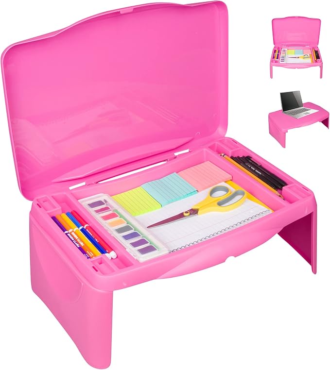 Pink Folding Lap Desk - Foldable Table for Work, Study, Gaming, Arts, Crafts, School - Collapsible Laptop Tray with Storage Compartment - Portable Writing Station for Kids, Adults by Unknown
