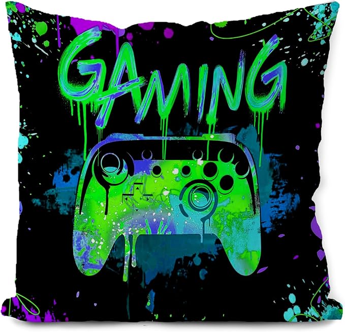 Gaming Pillow Cover,Gamer Pillow Cover 18x18,neon Colors Green Gaming Pillow Cover, Graffiti Pillow Covers, Gifts for The Gamer Kid,Son boy Room Decorations for Bedroom(Green) by Likjadjustfollowme