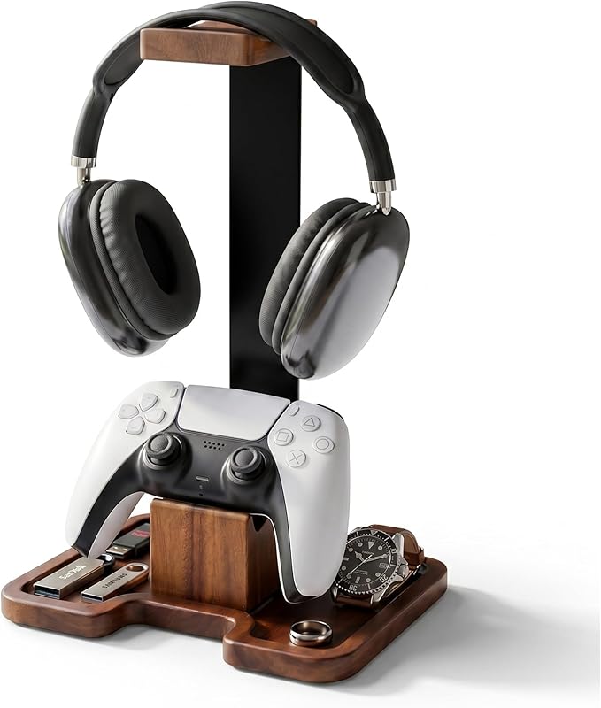 Gaming Equipment Headset Stand with Game Controller Holder & Storage Base, Stylish Gamer Gifts for Men Teenage Boy Headphone Stand, Unique Gifts for Gamers to Organize Gaming Accessories (Brown Wood) by Unknown