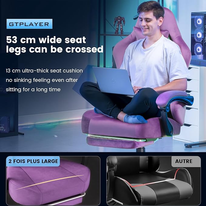 GTPLAYER Gaming Chair Fabric with Pocket Spring Cushion, High Back Ergonomic Computer Chair with Footrest for Adults Lumbar Support Swivel Game Chair for Office Gaming 350LBS, Light Purple - Image 5