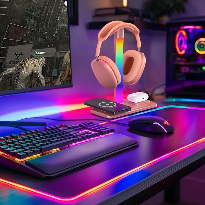 Headphone Stand with Wireless Charger,Gaming Headset stand with RGB Light Mode,For Airpod Max Stand Compatible with Airpod Pro/3/2,For iPhone 17/16/15/14/13/12/11,Gifts for Gamers & Music Lover (Gold) - Image 7
