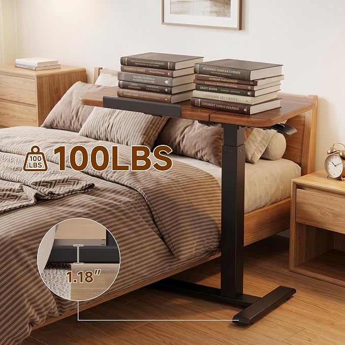 GTPLAYER Pneumatic Adjustable Standing Desk, 28 Inch Tiltable Mobile Rolling Laptop Table with Wheels, Overbed Bedside Table Computer Workstation for Home Office, Walnut - Image 8