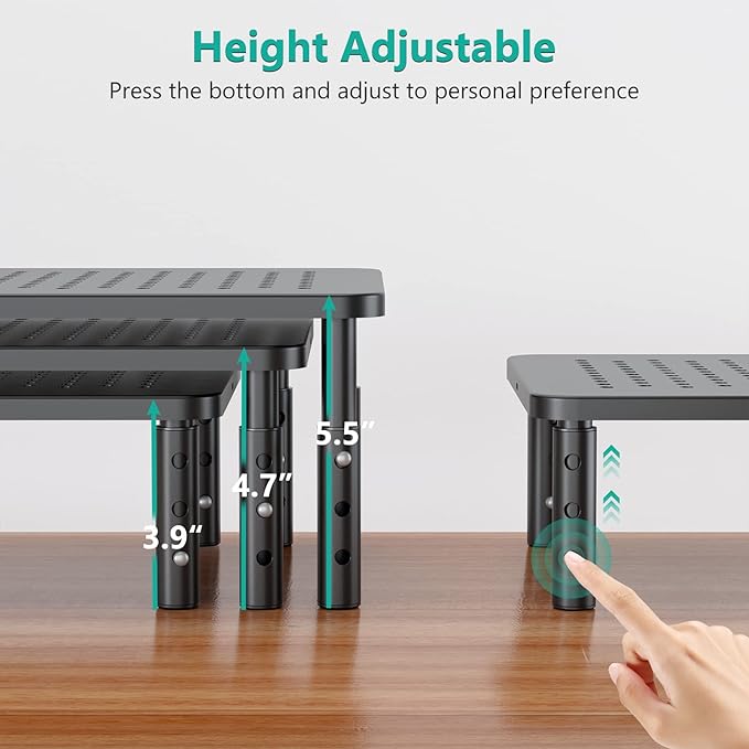 WALI Dual Monitor Stand for Desk, Adjustable Laptop Riser, up to 44 lbs | Monitor Riser Under-Desk Storage, Fits Monitors, Computer, Printers, for Home, Office, School (STT003-2), 2 Pack, Black - Image 2