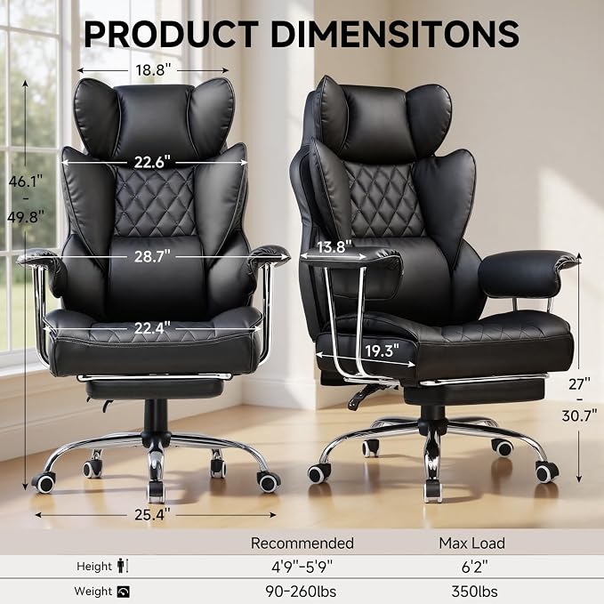 COMHOMA Big and Tall Office Chair, High Back Leather Gaming Chair with Footrest, Executive Ergonomic Office Chair with Pocket Spring Lumbar Support and with Outward Fixed Soft Armrests - Image 3