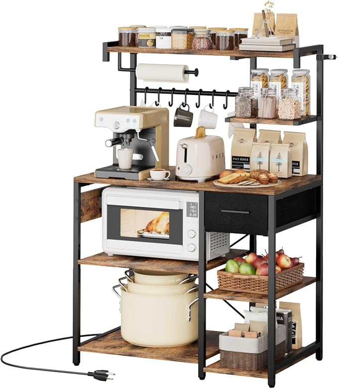 VEVOR Kitchen Bakers Rack with Power Outlets, 31.5 x 15.7 x 55.1 Inch Microwave Stand with Built-in Power Strip & 4.6 Ft Cord, 8 S-Shaped Hooks, for Dish Storage, Spice Jars, Coffee Bar Organization by VEVOR