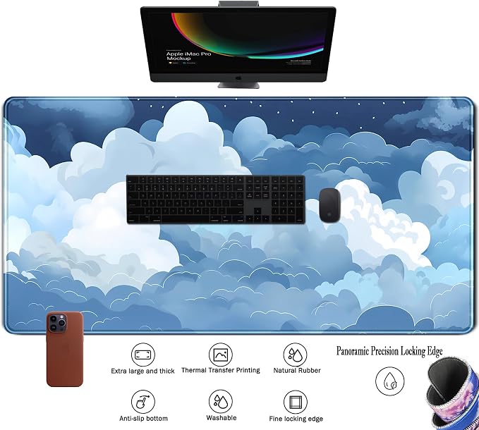 Aesthetic Blue and White Puffy Clouds Desk Mat, XXL Large Kawaii Blue Extended Gaming Mouse Pad with Stitched Edges, Cute Big Laptop Keyboard and Mouse Mat for Women Office Decor Mat 31.5x15.7 in - Image 3