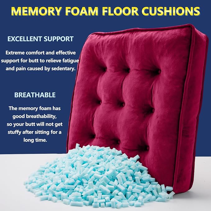 1 MIDDLE ONE Floor Pillow Set of 2, Memory Foam Meditation Cushion, Floor Cushions for Adults Sitting, Large Square Seat Cushions for Yoga, Living Room, 20x20 Inch (Burgundy) - Image 3