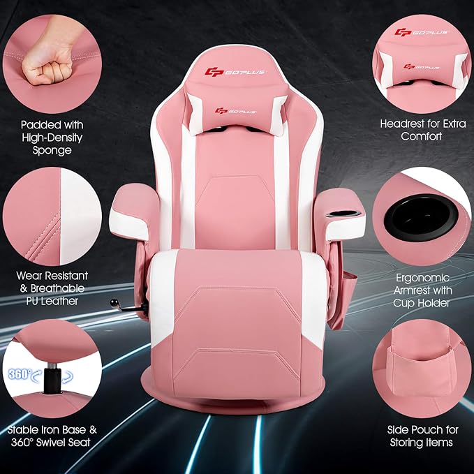 POWERSTONE Gaming Recliner, PU Massage Gaming Chair with Footrest, Cup Holder, Headrest and Side Pouch, Adjustable Single Sofa Living Room Chair(Pink) - Image 5