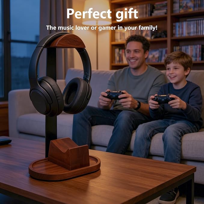 Wooden Headphone Stand for Desk,Controller Stand for Desk with Storage Base | Controller and Headset Stand,Headset Holder with Gaming Controller Holder (Walnut) - Image 6