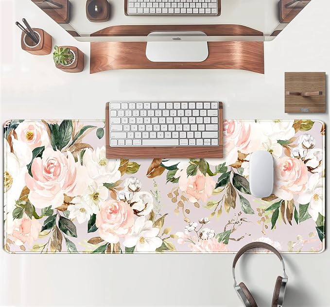 Pink Flowers Keyboard Pad PC Gaming Desk Mat Desk Mouse Pads Green Leaves Floral Mouse Pad Large, Computer XL Big Mousepad Deskpad Mat with Stitched Edge for Women Home Office Decor 31.5x11.8 in - Image 4