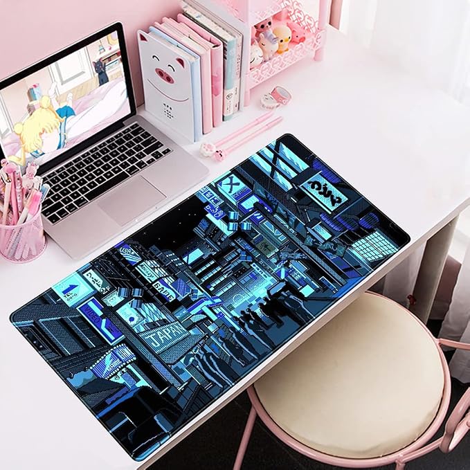 Japanese Gaming Arcade Blue Large Gaming Mouse Pad Keyboard Desk Pad Extended Mouse Pad Gaming Office Decor, Pc Laptop Mouse Pads Large (31.5x15.7 in) with Stitched Eges Non-Slip Base Mousepad XXL - Image 5