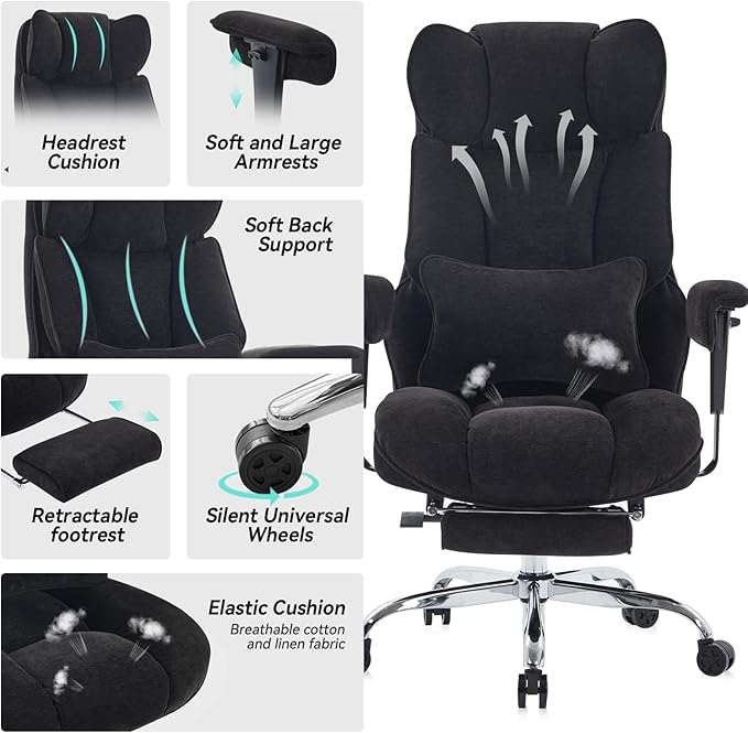 Efomao Executive Office Chair 400lbs, Black Fabric Big and Tall Desk Chair | Breathable fabric, pocket spring & foam seat, retractable footrest, 135° recline for computer gaming setup - Image 4