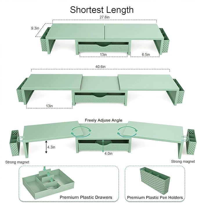 gianotter Dual Monitor Stand Riser With Drawer and 2 Pen Holders | Desk Organizer and Accessories Computer Monitor Stand, Desk Shelf for Top of Desk (Sage Green) - Image 4