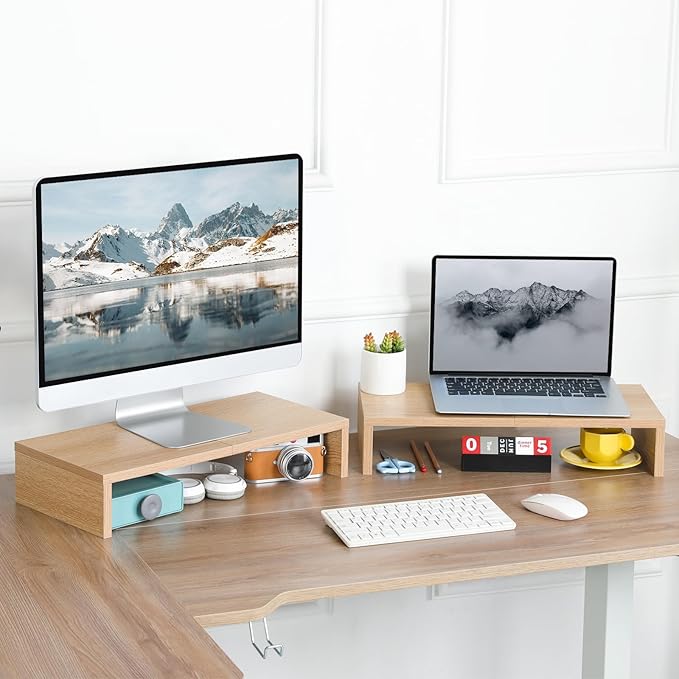 TEAMIX 2-Pack Monitor Stand Riser 20 inch, Wood Desk Computer Shelf, Maple | For 2 Monitors, Laptop, Printer, TV, PC, Keyboard Storage, Space-Saving, Ergonomic, Organizer for Home Office Gaming Vanity - Image 2