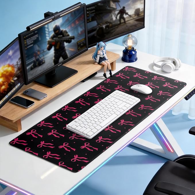Large Gaming Mouse Pad 31.5 x 11.8in Desk Mat for Office Mousepad Anti-Skid Rubber Base Soft Comfortable and Durable Desk Pad (Black Bow) - Image 4