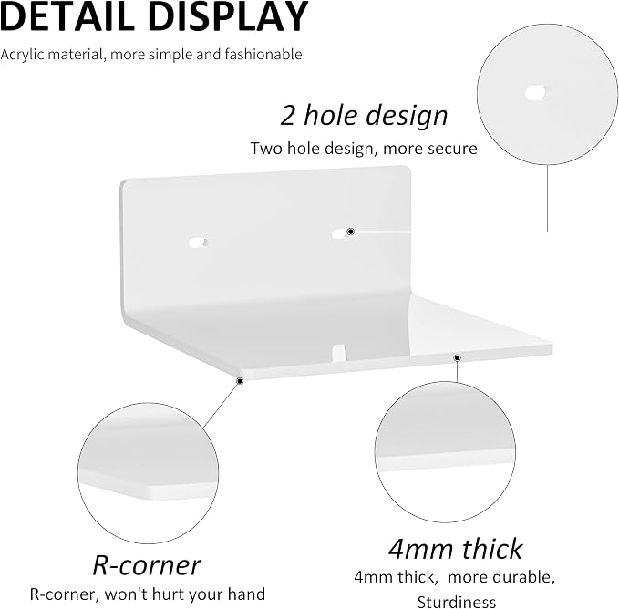 Sezanrpt 6 Inches Acrylic Small Wall Shelves 2 Pack, Floating Shelf for Wall Mounting, Acrylic Display Ledges for Funko Pop Figures, Home Décor, Living Room, Gaming Room, Plants(6 inch, White) - Image 4